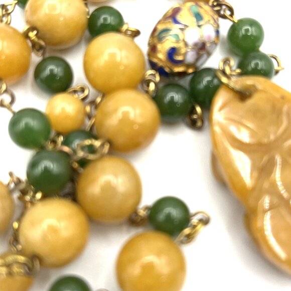 Yellow Jade & Green Nephrite Jade Cloisonne Beaded Carved Foo Dog Necklace 18" - Picture 11 of 12